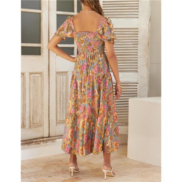 Women's Summer Boho Floral Print Square Neck Ruffle‎ Swing Beach Long Maxi Dress - Picture 4 of 6